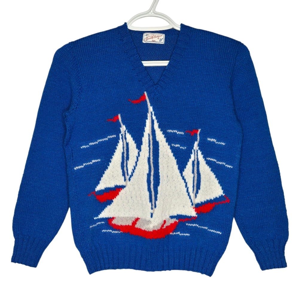 Vintage Youth M L Knit Sweater Sailboat Nautical Clipper Ship Handmade Blue Whit